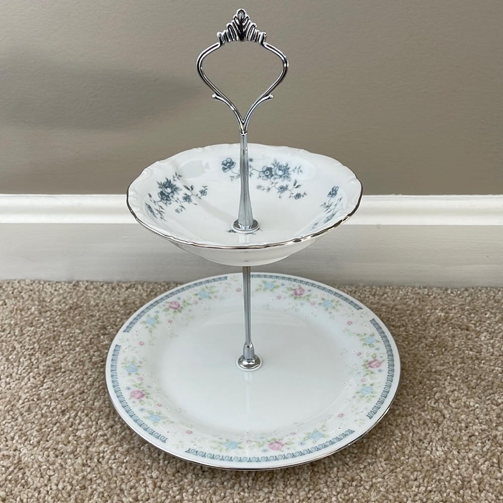 Two Tiered Jewelry Tidbit Cheese Tray Vintage Haviland Blue Garland Bowl Plate